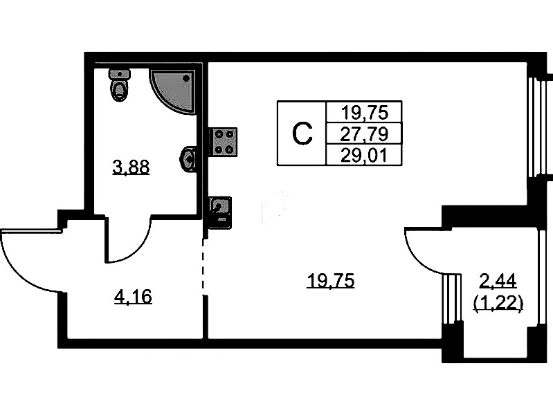 Квартира студия 29.01 м², 12/15 эт., ЖК «GloraX Парголово»